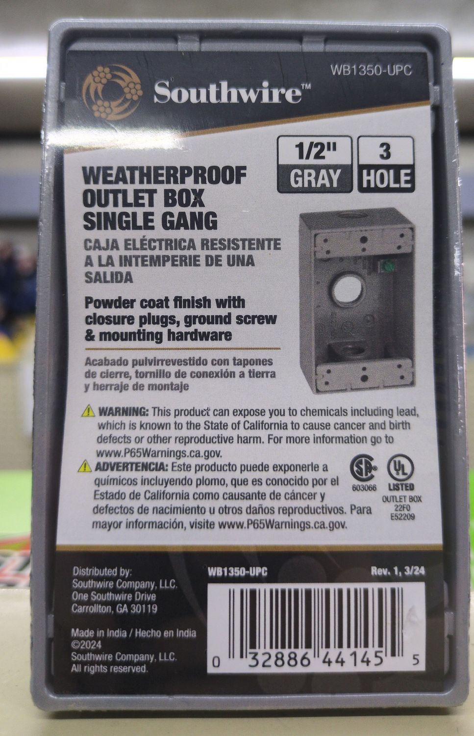 WB1350-UPC 1/2 3HL 1G WP BX GREY