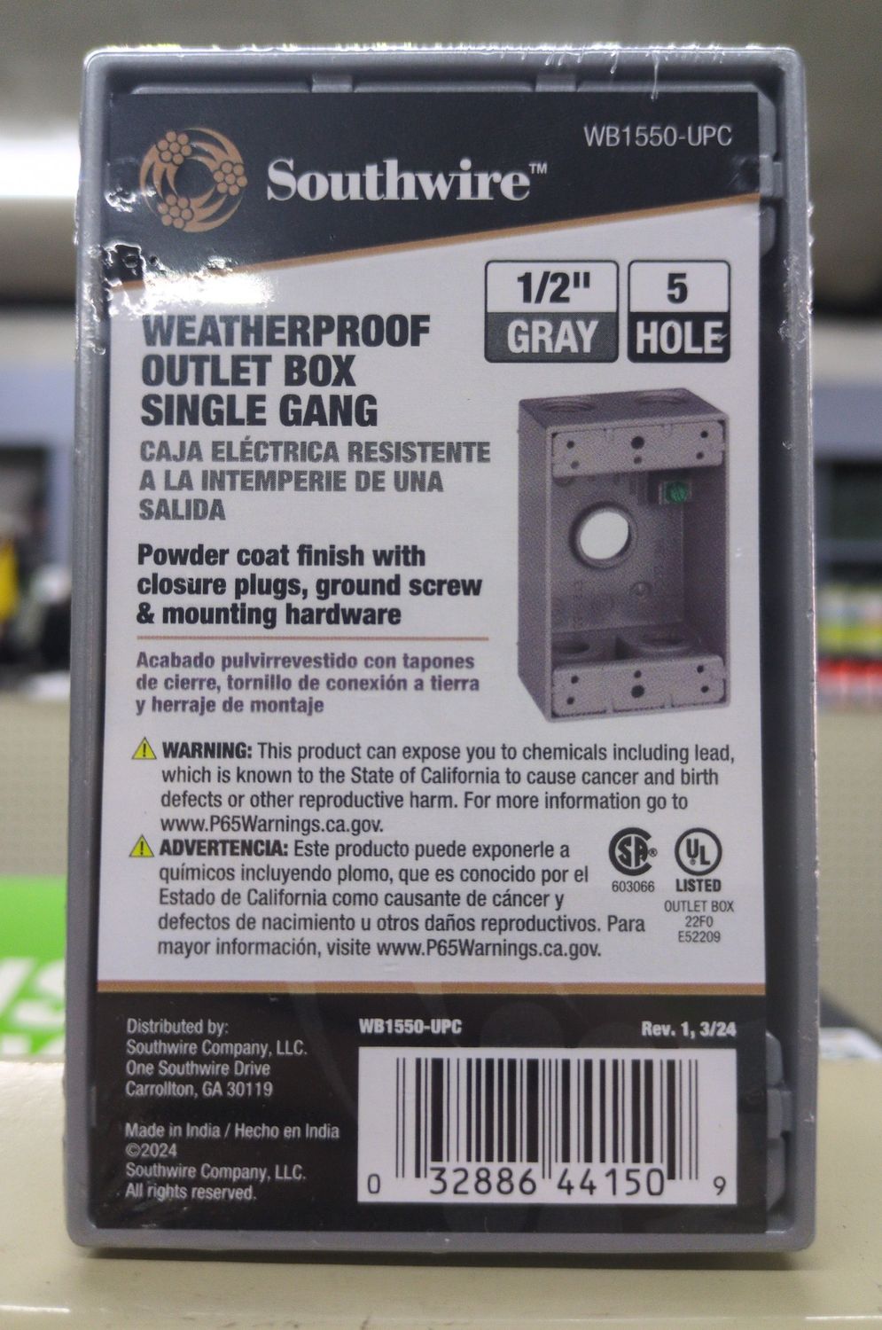 WB1550-UPC 1/2IN 5HL 1G WP BX GRY