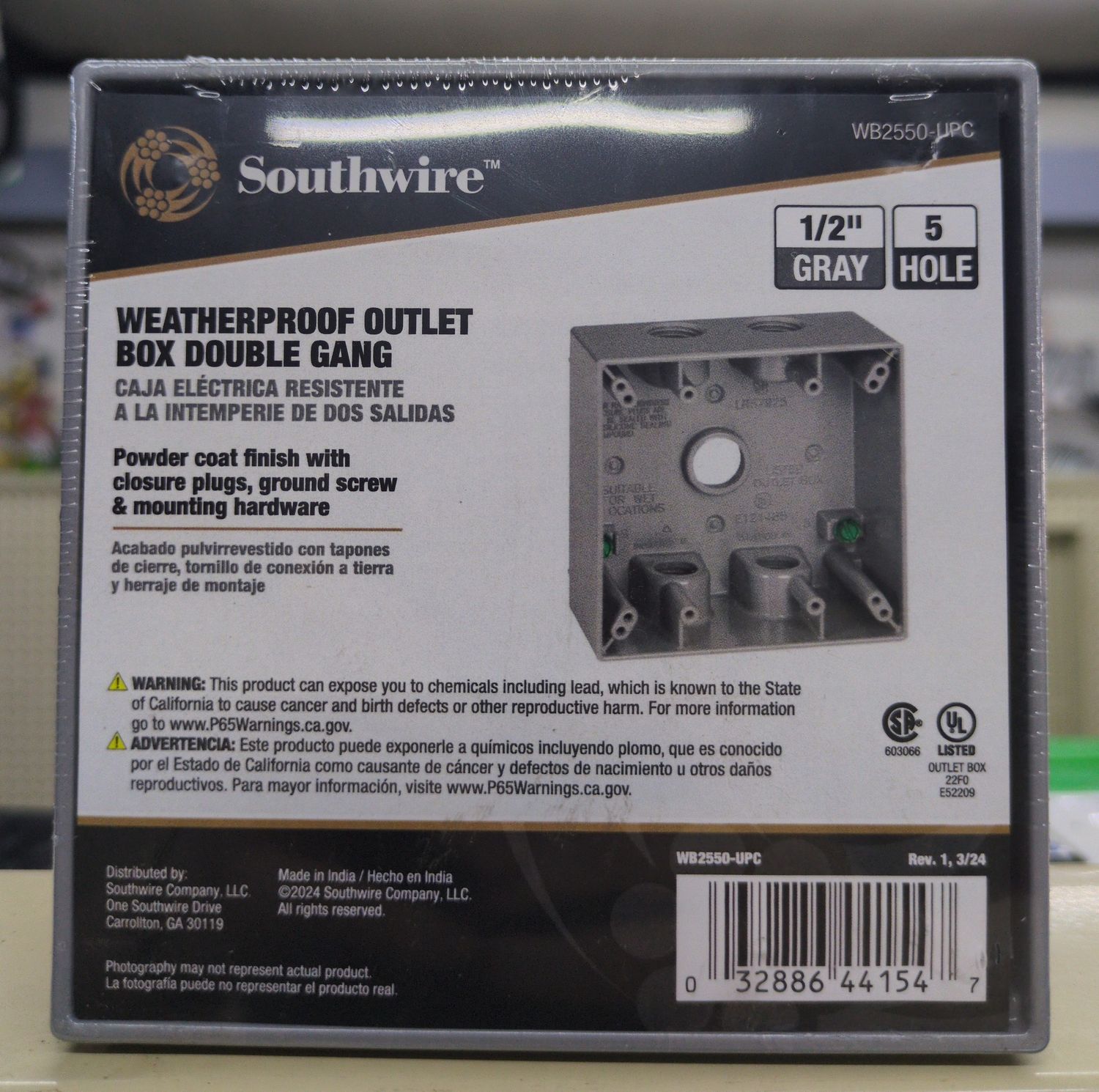 WB2550-UPC 1/2IN 5HL 2G WP BX GRY