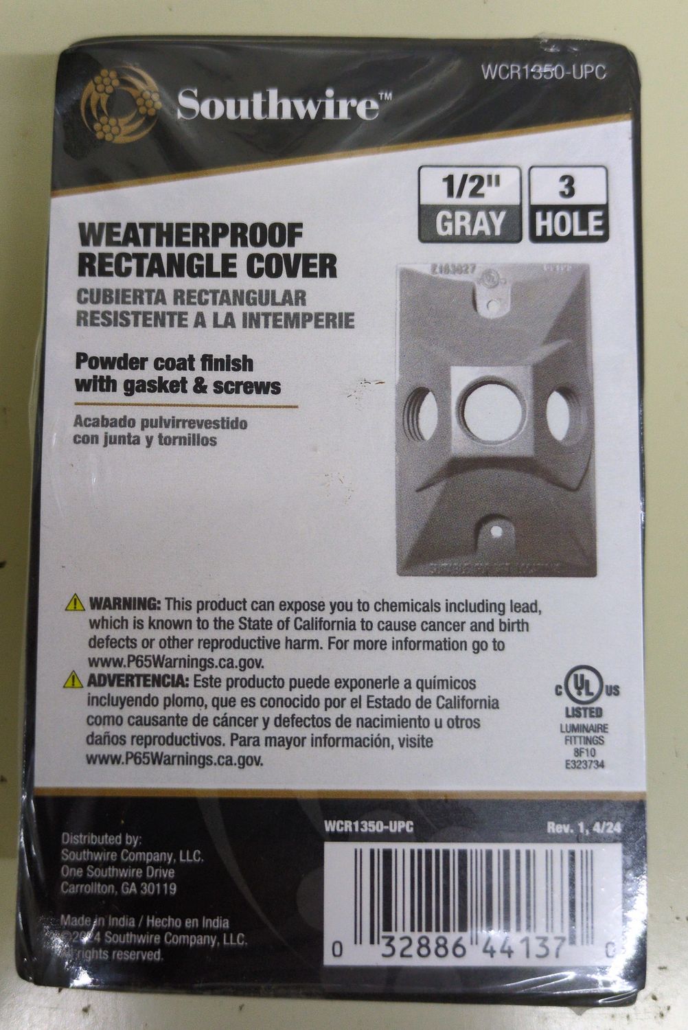 WCR1350-UPC 3-HOLE RECT WP 1/2 GRY