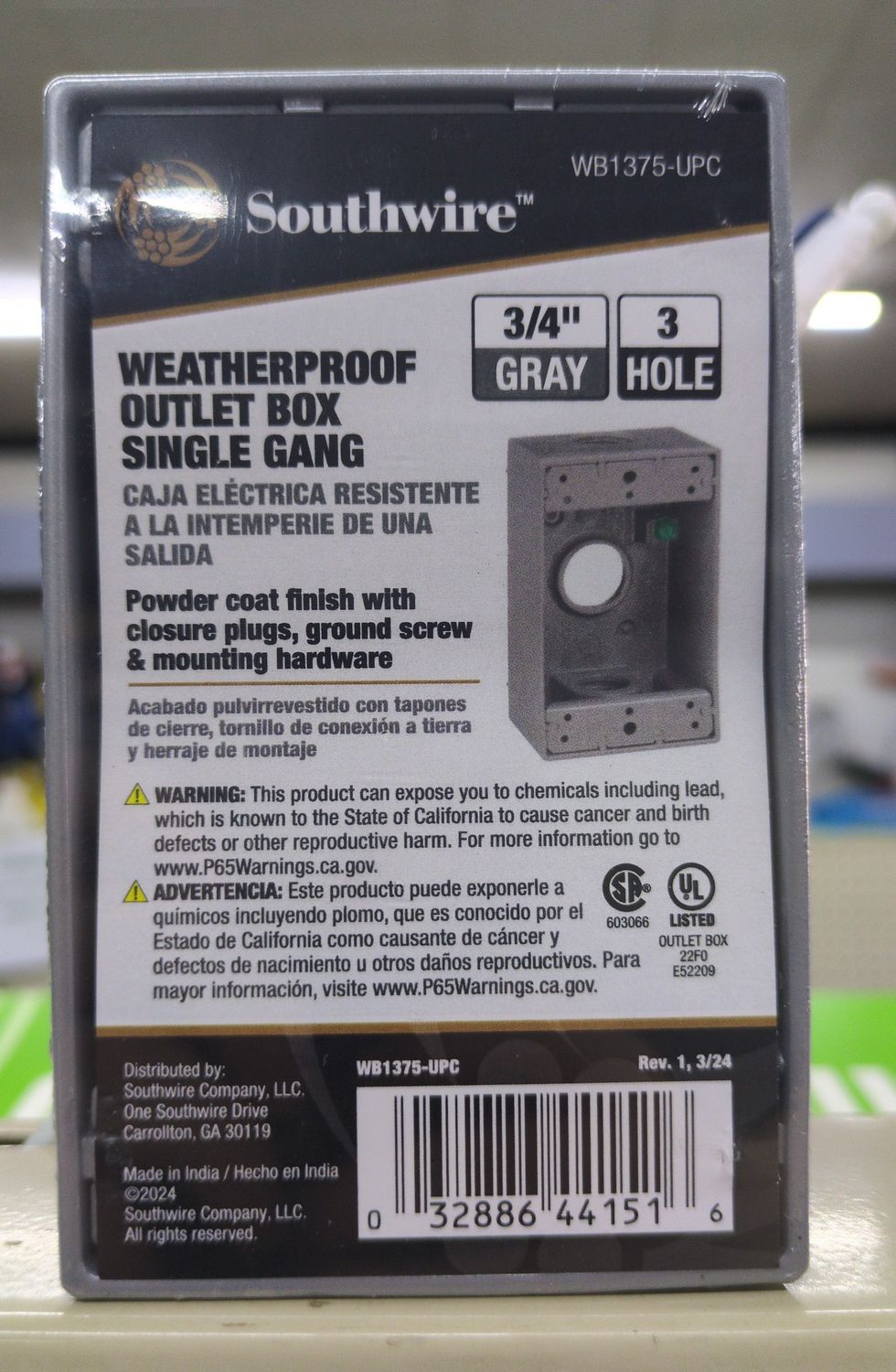 WB1375-UPC 3/4IN 3HL 1G WP BX GREY