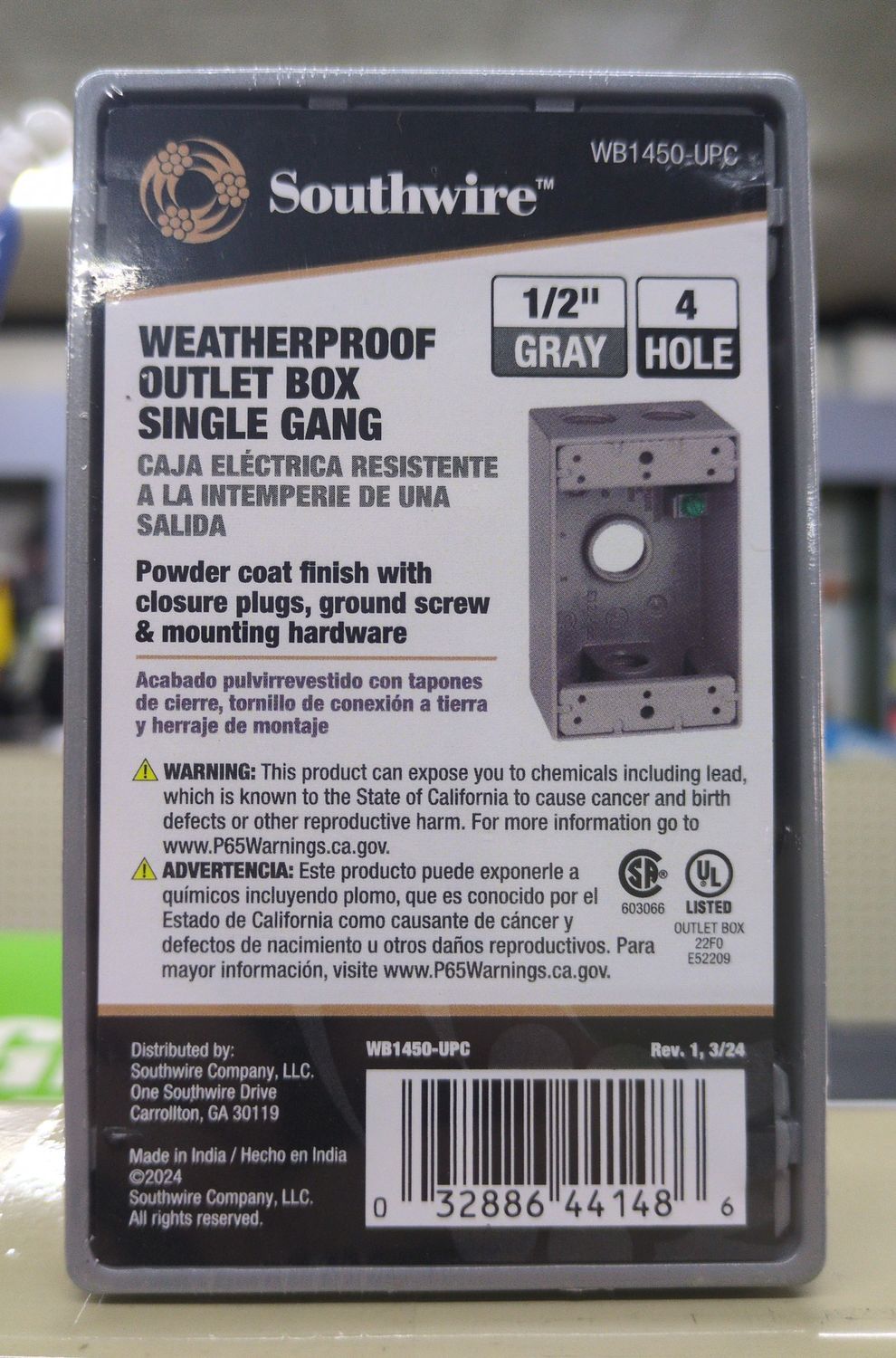 WB1450-UPC 1/2IN 4HL 1G WP BX GREY