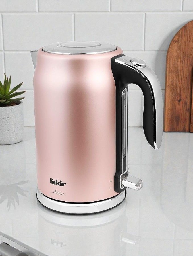 Fakir - Adell Wasserkocher 1,7 l, max. 2200 W, Gehäuse aus gebürstetem Edelstahl, 360°-Sockel, verdecktes Heizelement, Wasserstandsanzeige, großer Ausguss mit herausnehmbarem und waschbarem Kalkfilter