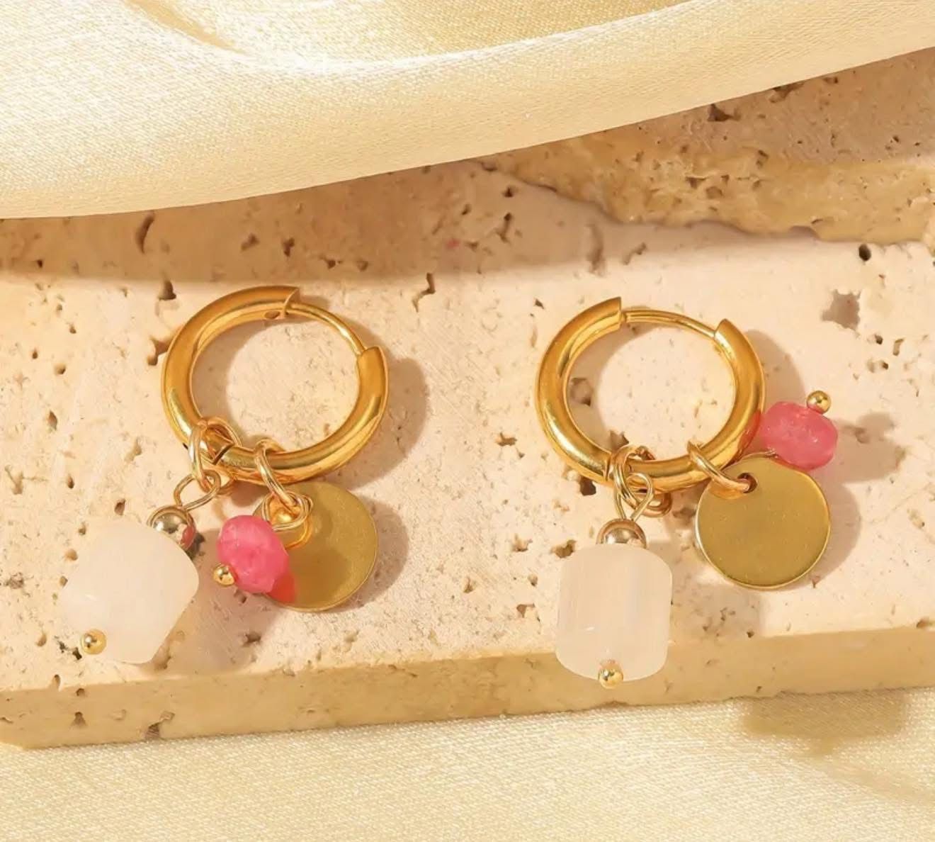 Elegant Pink Natural Stone Charm Hoop Earrings, Stainless Steel Post, Waterproof
