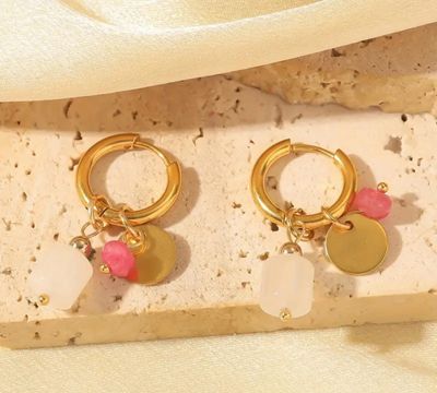 Elegant Pink Natural Stone Charm Hoop Earrings, Stainless Steel Post, Waterproof