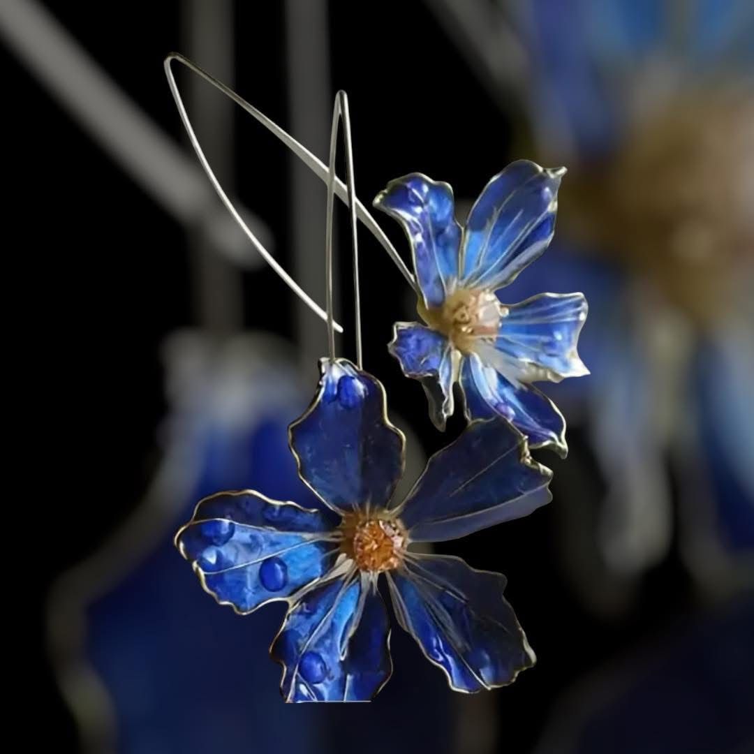 Retro blue drip oil flower earring