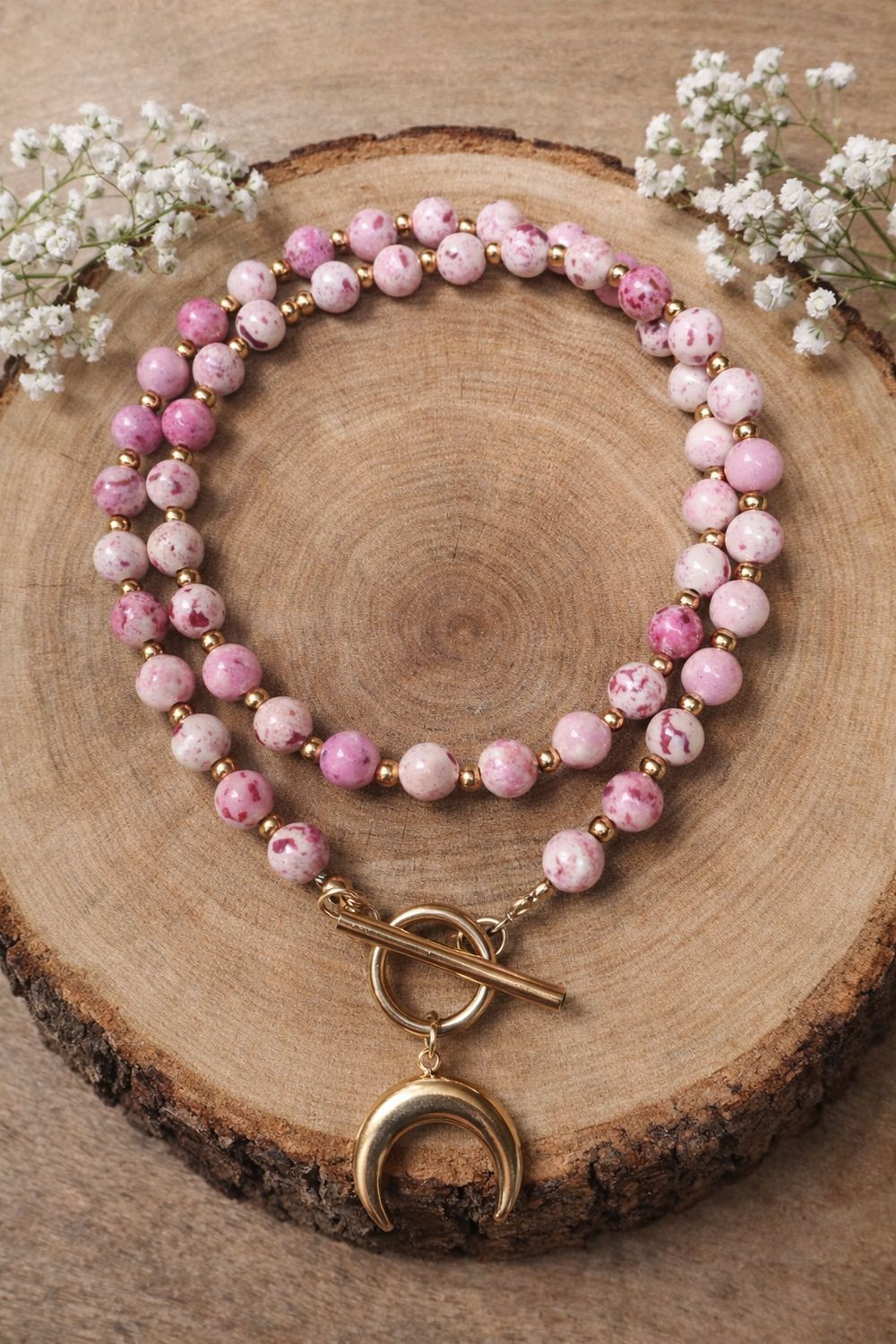 Naszyjnik Jaspis różowy lunula