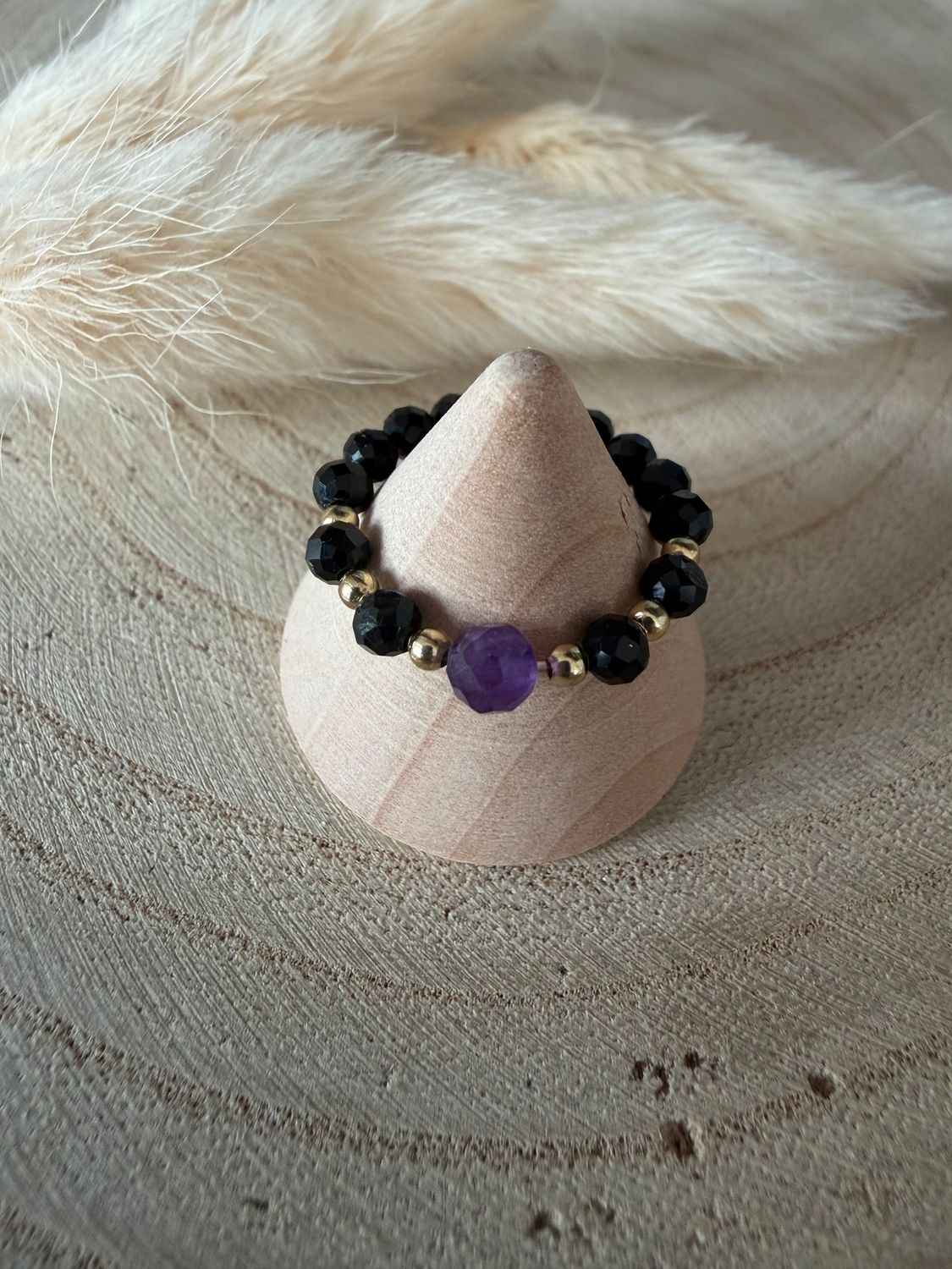 Pierscionek czarny  turmalin ametyst