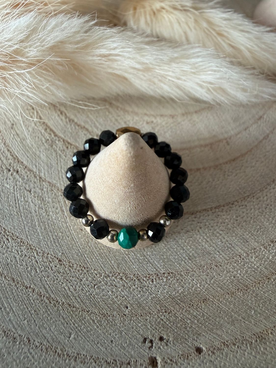 Pierścionek czarny turmalin malachit