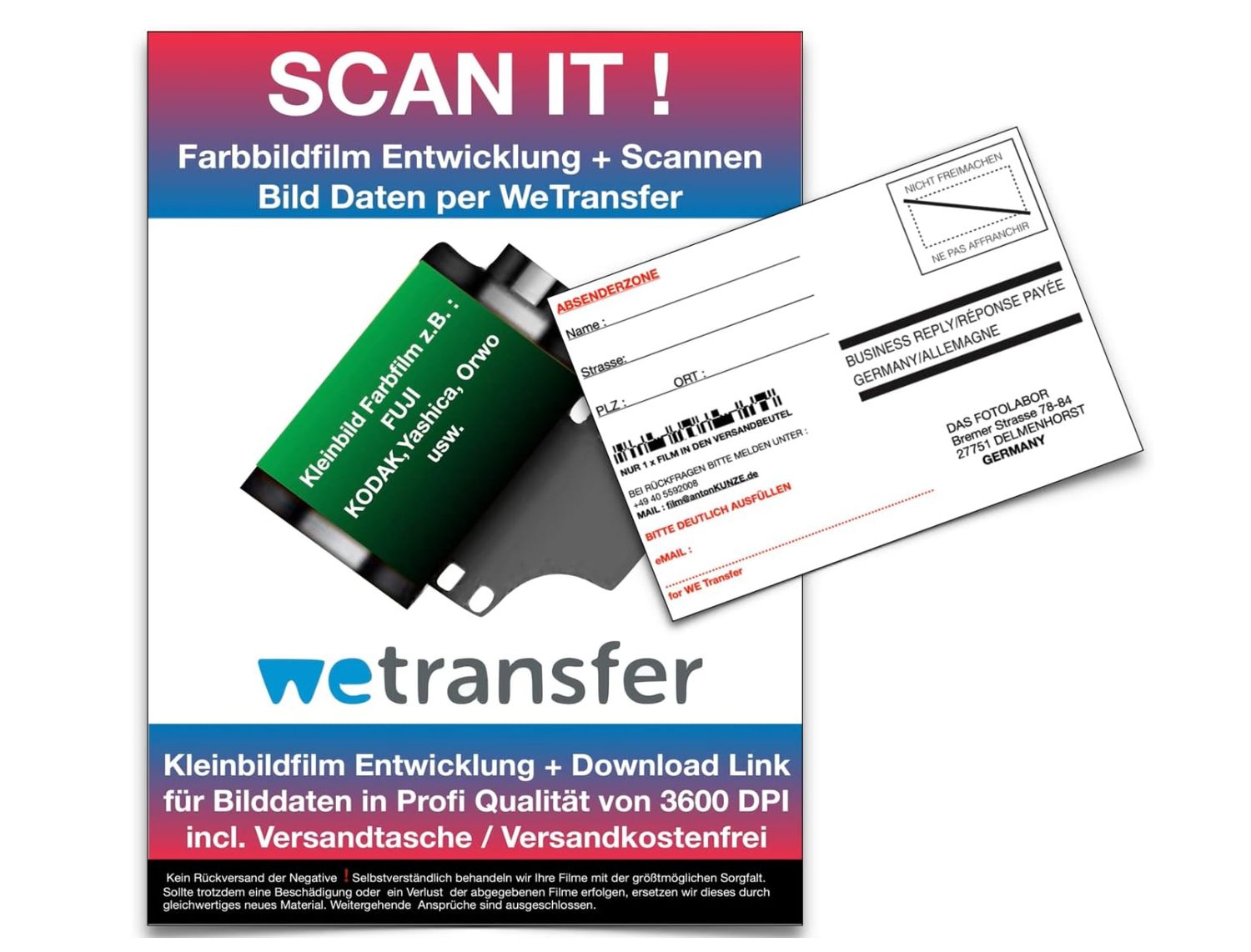 Filmentwicklung + Scann Kleinbild 35mm Color Film - Bilddaten per WE Transfer mit DPI 3600