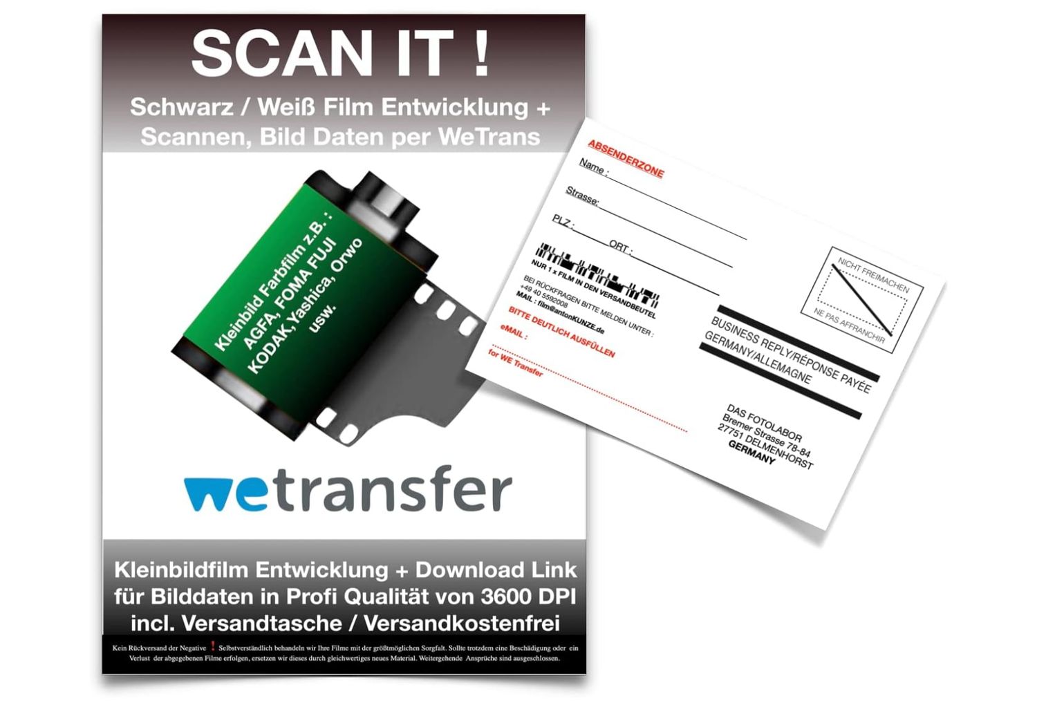 Filmentwicklung + Scann Kleinbild 35mm Schwarz / Weiß Film -  Bilddaten per WE Transfer mit DPI 3600