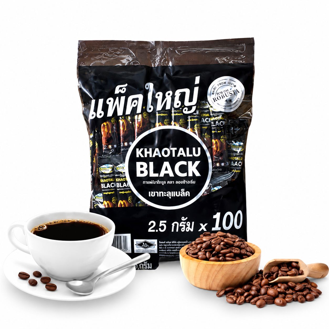KHAOTALU Black Coffee Robasta Instant Coffee No Sugar Dark Strong 100 Sachets KHAOTALU Black Coffee Robasta Instant Coffee No Sugar Dark Strong 100 Sachets