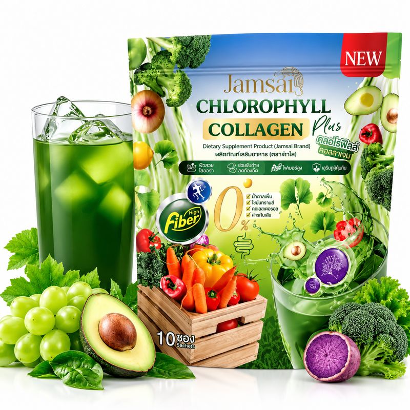 Jamsai Chlorophyll Collagen Plus – 38 Vegetables & 3 Types of Collagen 10 Sachets Jamsai Chlorophyll Collagen Plus – 38 Vegetables & 3 Types of Collagen 10 Sachets