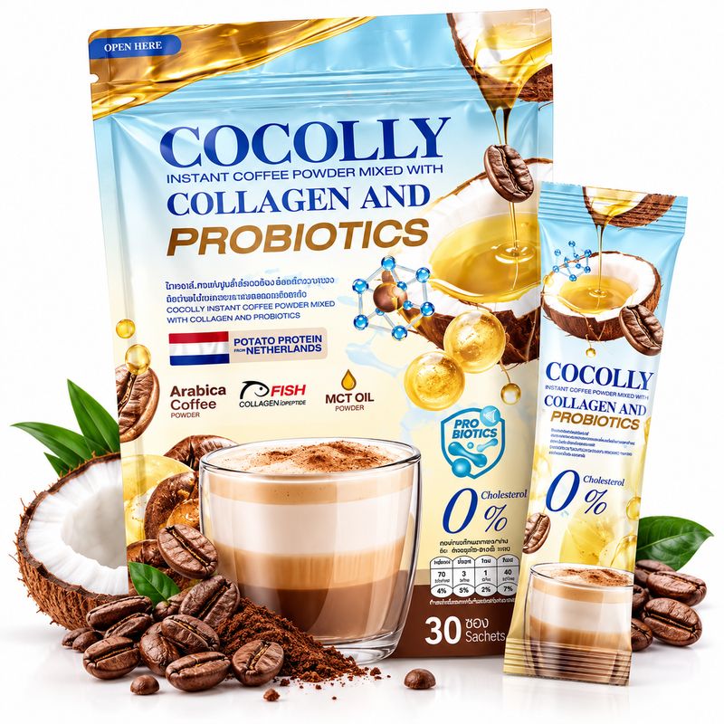 COCOLLY Collagen & Probiotics Coffee – Premium Instant Coffee 30 Sachets