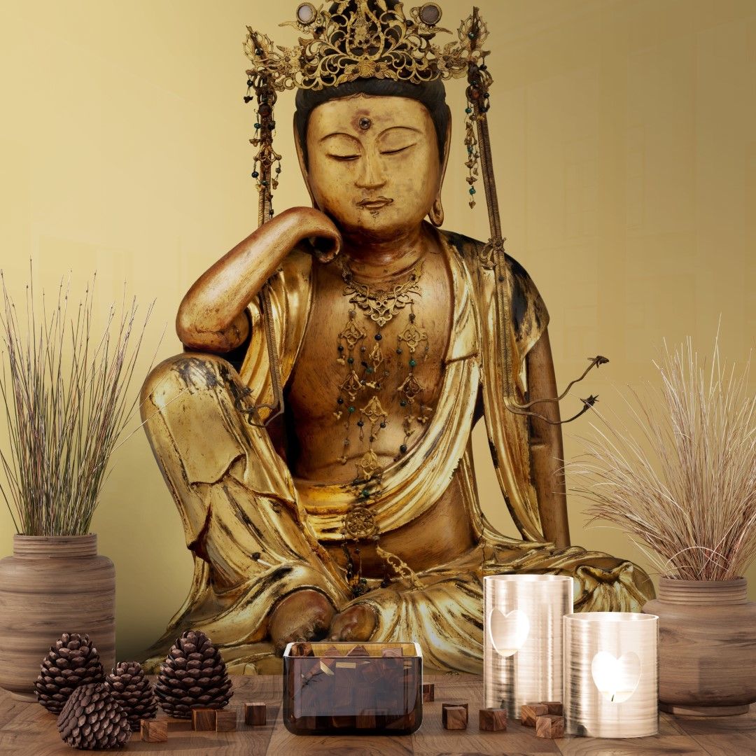 Japan - Nyoirin Kannon, Gilded wooden sculpture , dated 1693