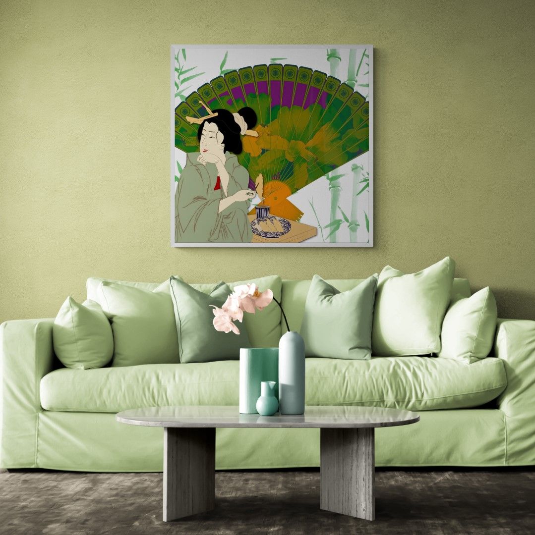 Japan – Geisha – Lunch time, fan background, 19th century