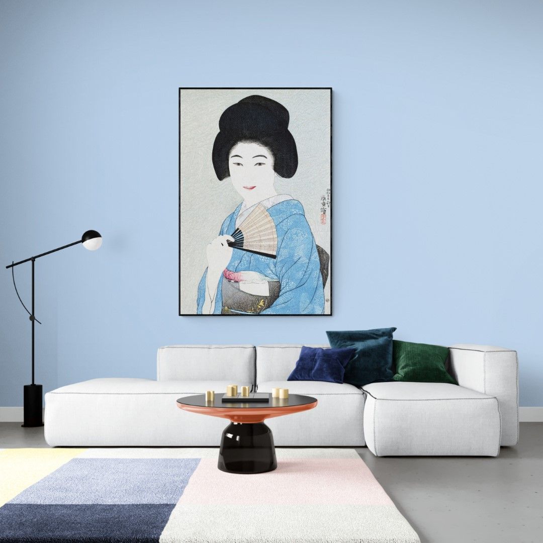 Japan – Geisha in blue with fan, 19th century