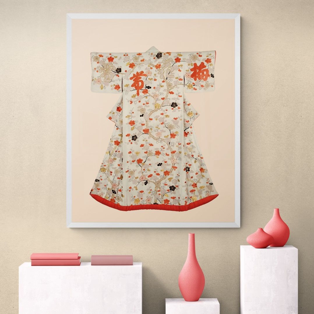 Japan – Kimono with flowering plumtree and embroidery.