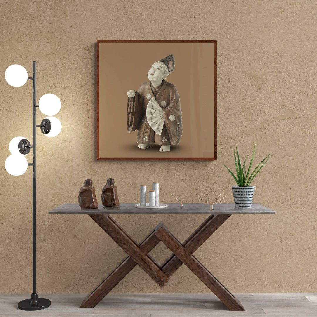 Japan – Netsuke – Official with fan, wood, ivory, mother of pearl, meiji period, 1869-1912