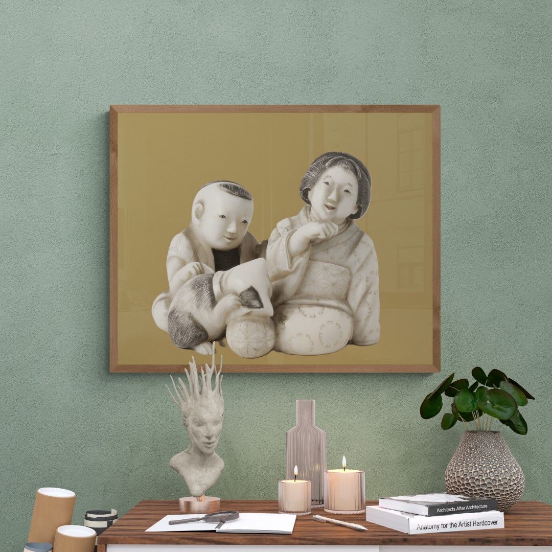 Japan – Netsuke – Mother, son and dog,  ivory, 19th century