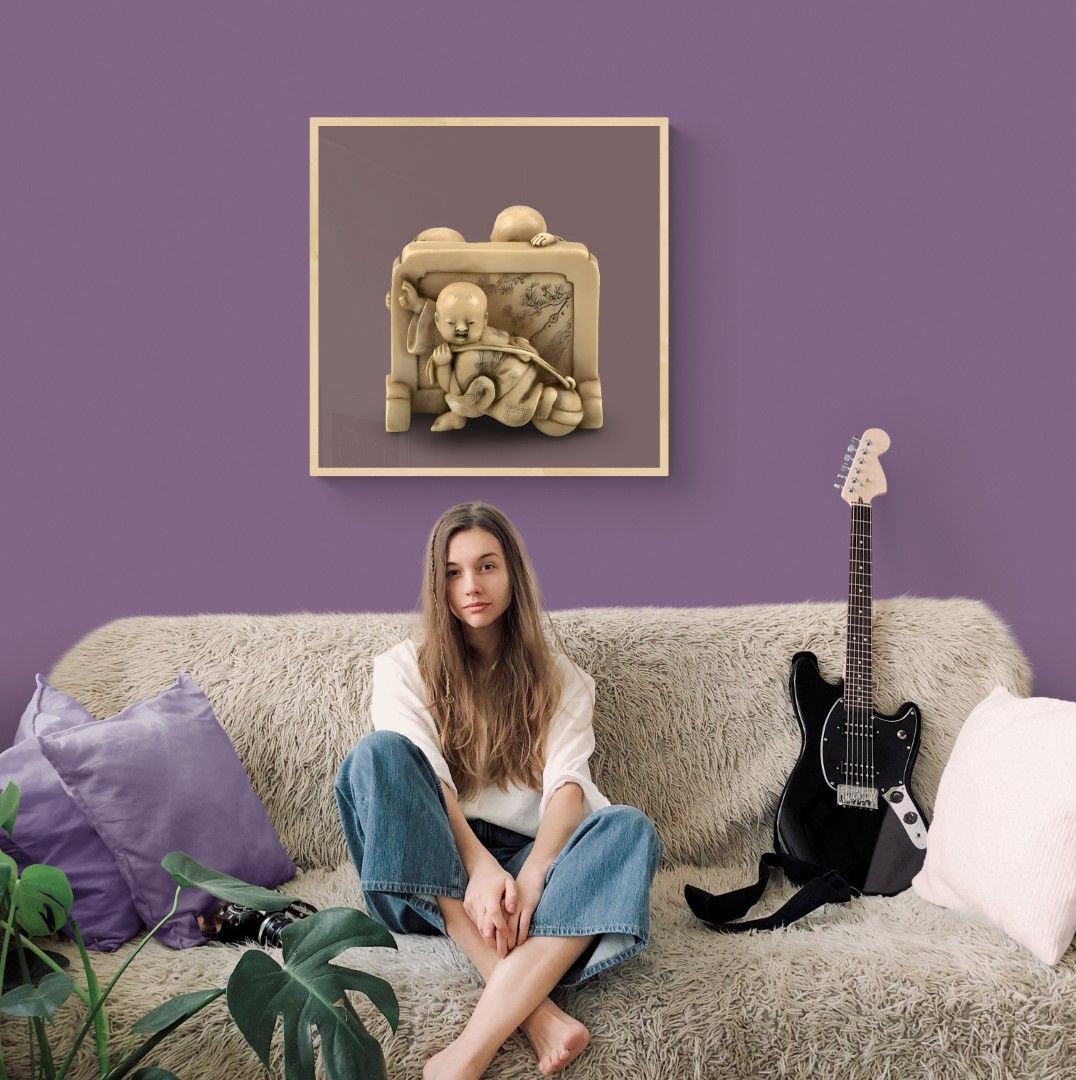 Japan – Netsuke – Kids playing with a wall screen. ivory. Japan – Netsuke – Kids playing with a wall screen. ivory.