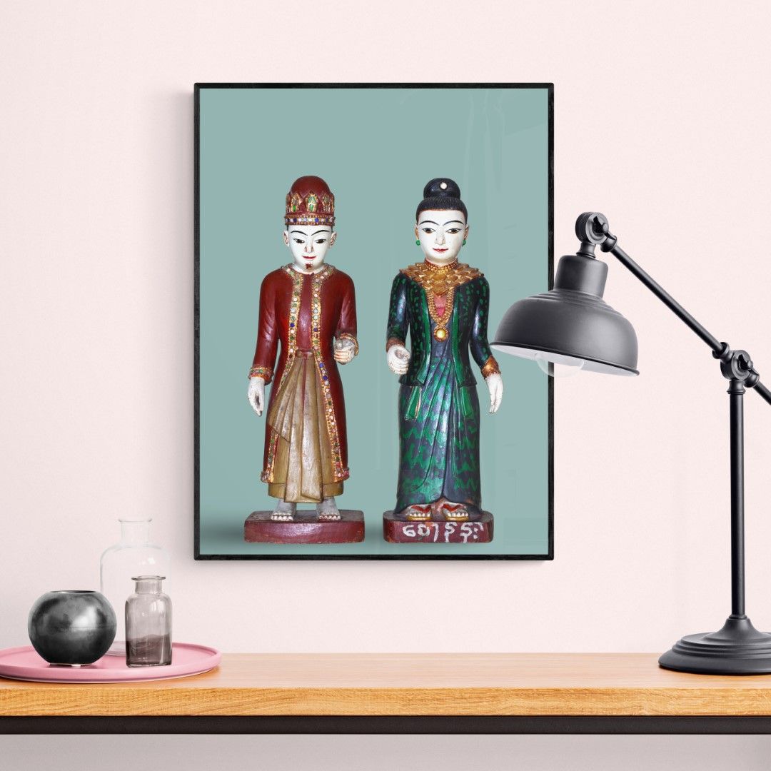 Myanmar- Statues – King and Queen of Burma, wooden sculptures, 19th-century