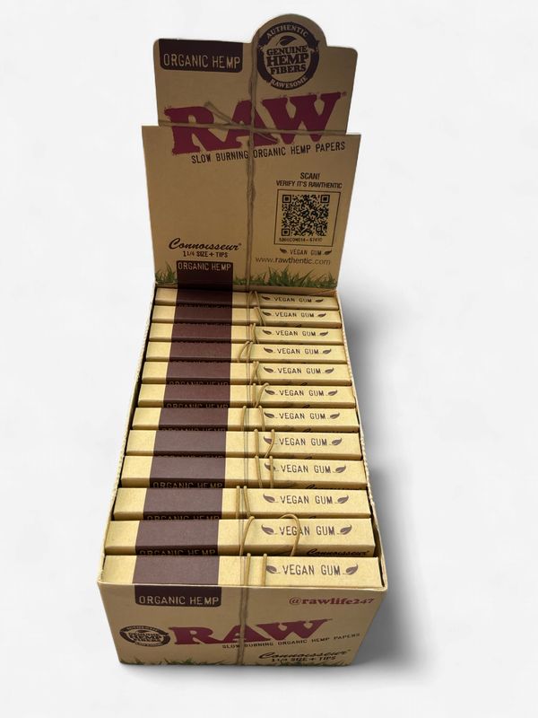 Raw Organic Hemp Rolling Papers Connoisseur 1 1/4 Size + Tips