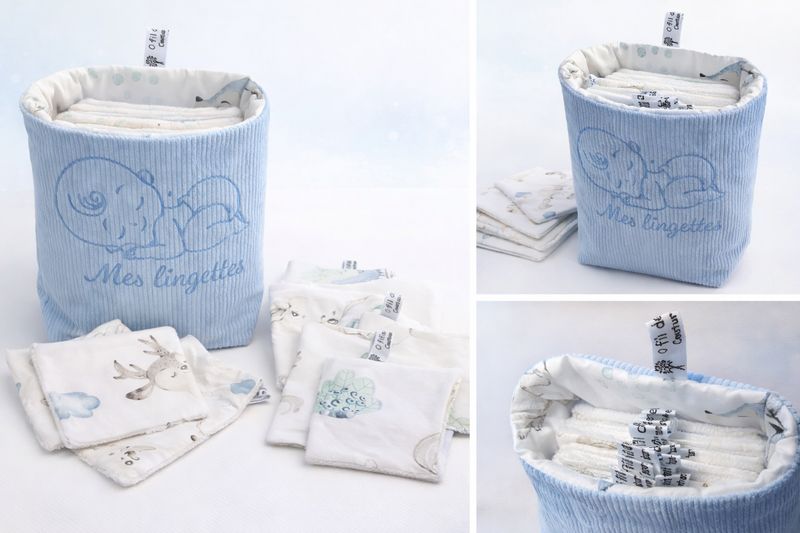 Coffret naissance lingettes lavables bébé – Panier velours bleu