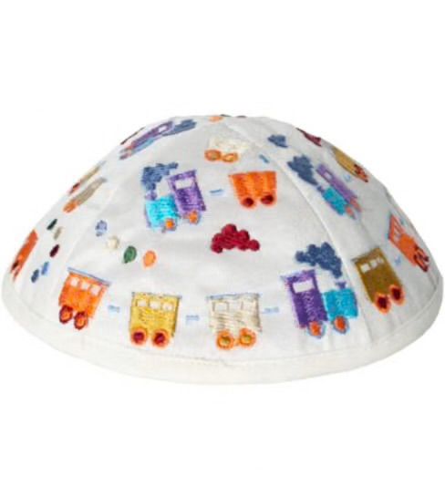 EM KIDS KIPPAH WHITE WITH TRAIN