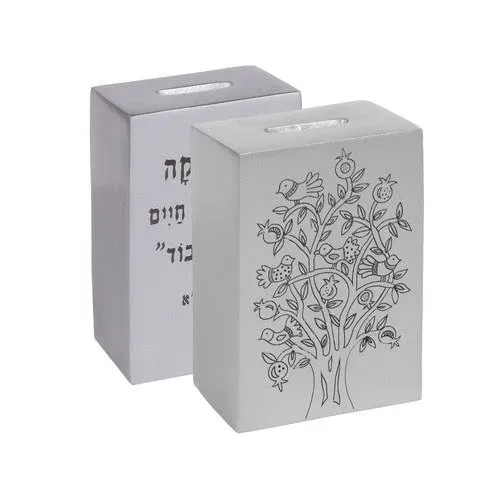 ALEF EM Anodized Tzedakah Box with Print Silver