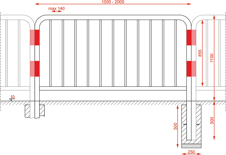 Schutzgehweg-Geländer (Sprossenausführung)- Länge 150 cm - technische Zeichnung