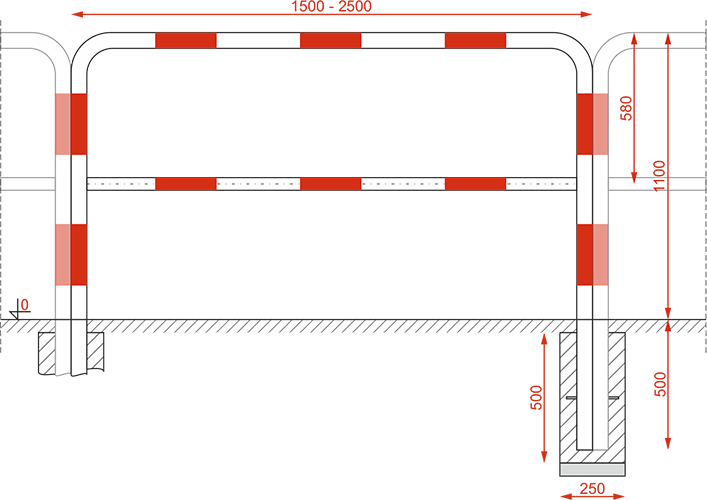 Straßenbarriere mit Querstrebe - Länge 150 cm - technische Zeichnung