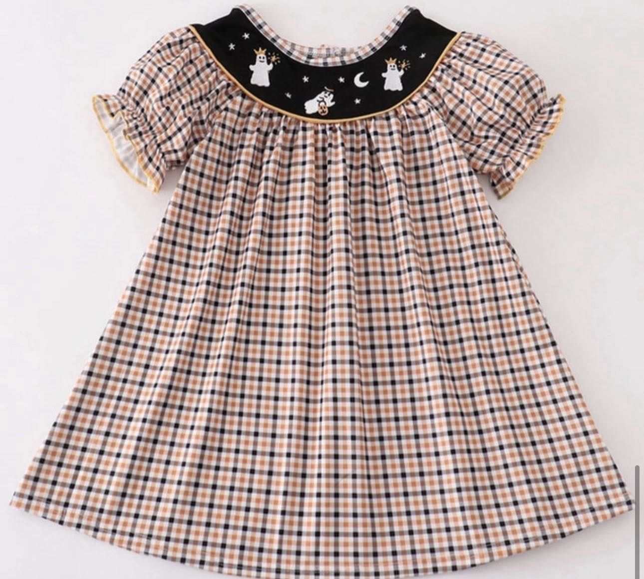 Girls Halloween Rust &amp; Black Plaid Dress