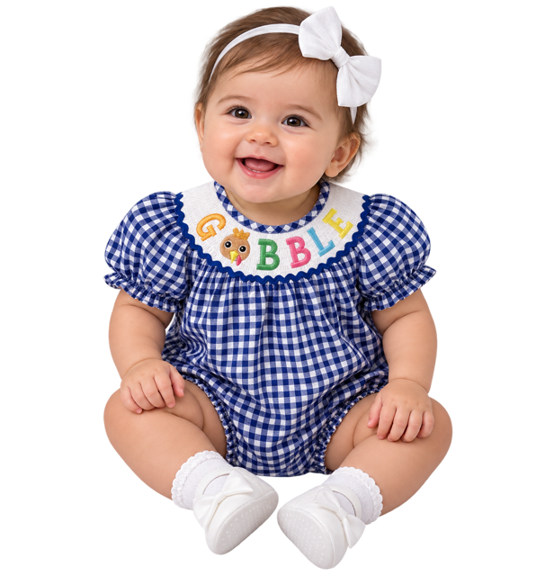 Girls Blue Plaid Gobble Thanksgiving  Bubble