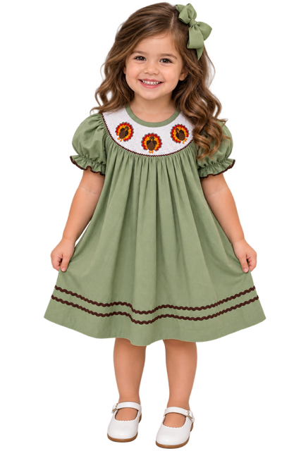 Thanksgiving Sage Green Turkey Dress with Brown Braid