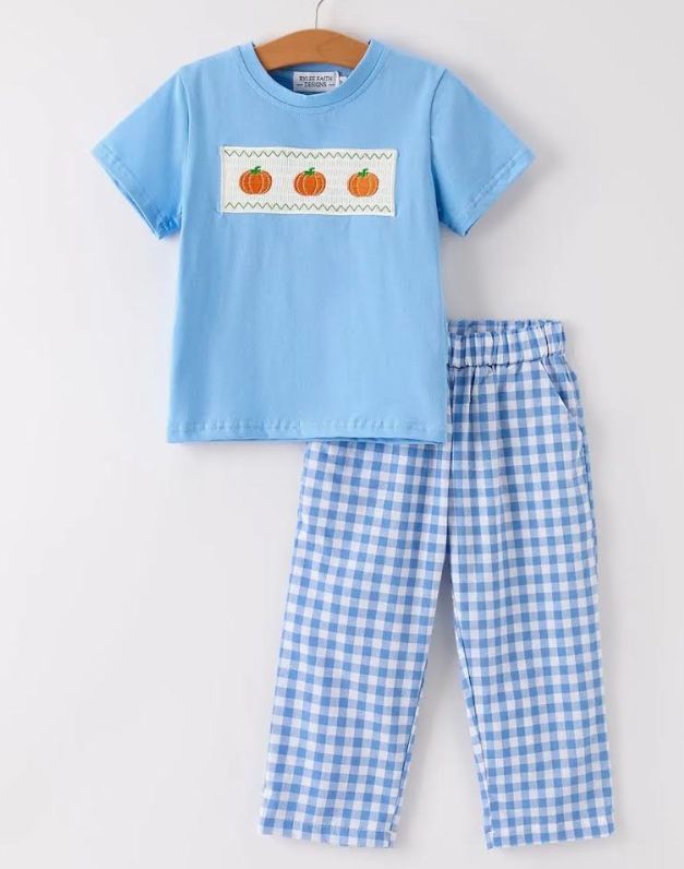 Boys Light Blue Pumpkin Thanksgiving Smocked Pants Set