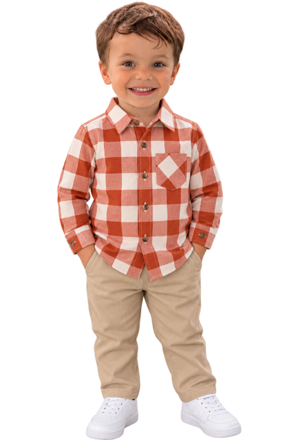 Boys Thanksgiving Rust Plaid Button Down