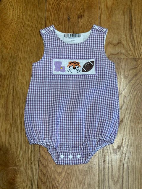 LSU Gingham Puff Sleeve Bubbles  w Smocking