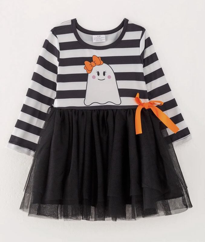 Girls Halloween Black &amp; White Stripe Ghost Dress