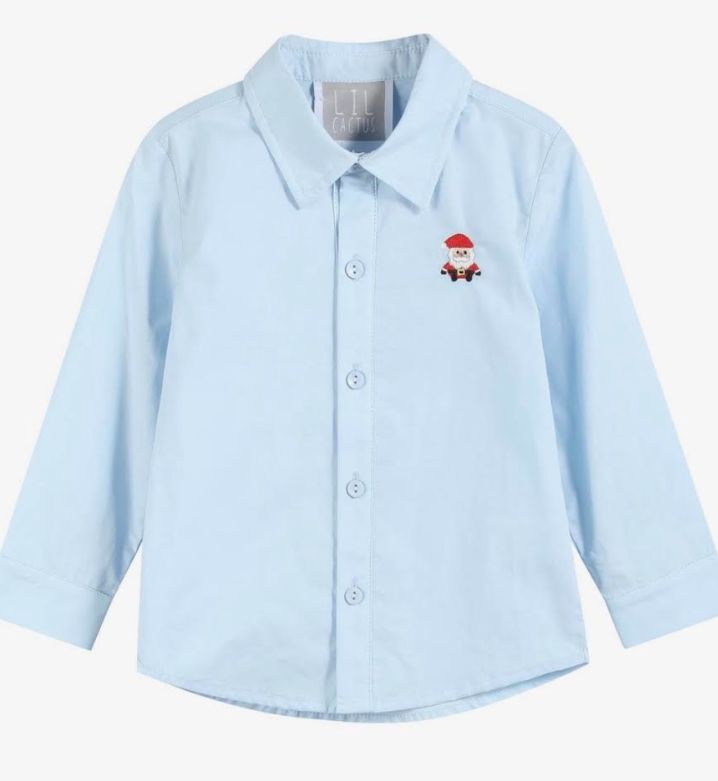 Boys Light Blue Dress Shirt with Embroidered Santa