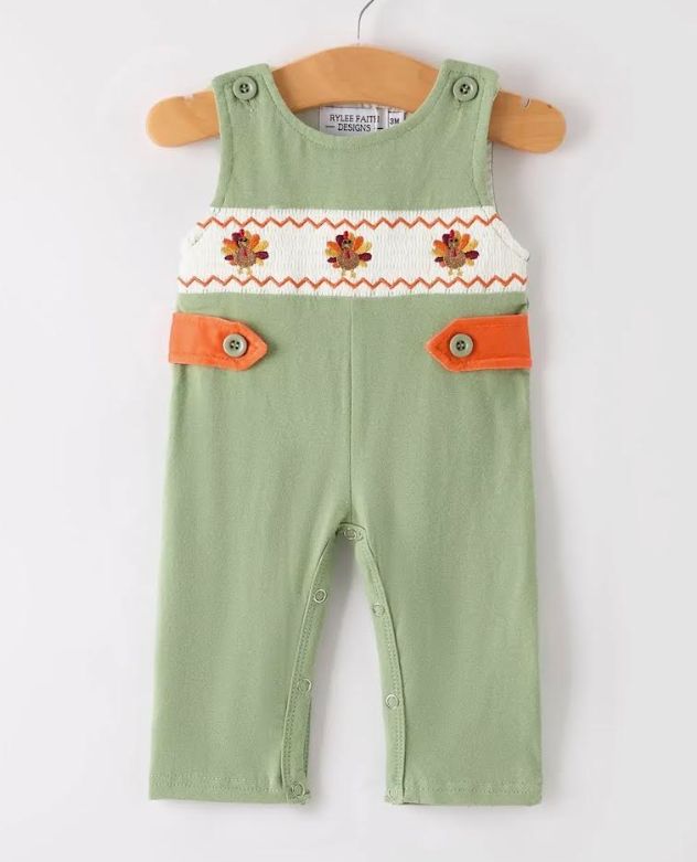 Boys Green Turkey Thanksgiving Smocked Long Jon Jon