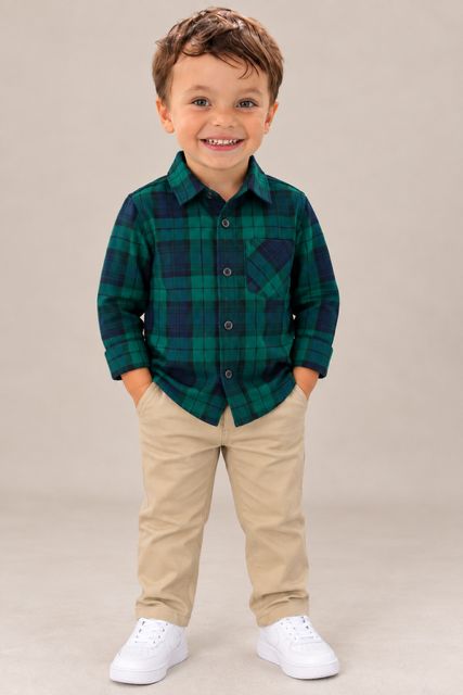 Boys Christmas Blue &amp; Green Plaid Button Down Shirt
