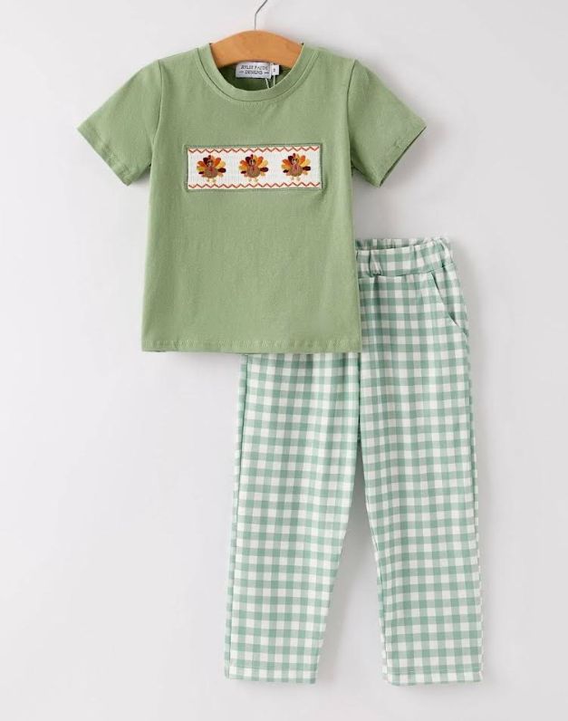 Boys Thanksgiving Green Plaid pants wTurkey Smock Tshirt