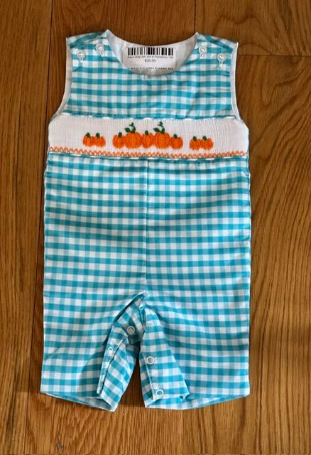 Aqua  Gingham Jon Jon w Thanksgiving Pumpkins