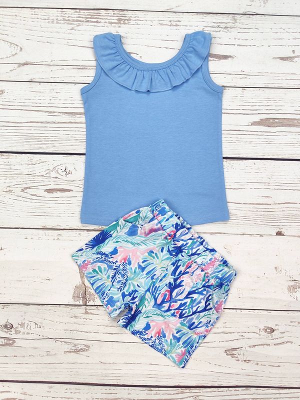Girls Blue Ruffle Shorts Set