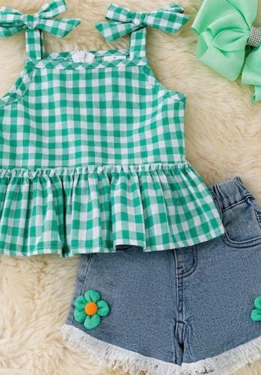 Green Gingham Ruffle Shorts Set
