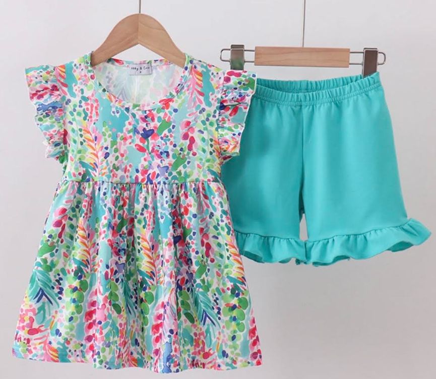 Girls Floral Ruffle Top Aqua Shorts