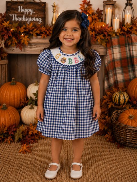 Blue Plaid Smocked Gobble Thanksgiving Dress