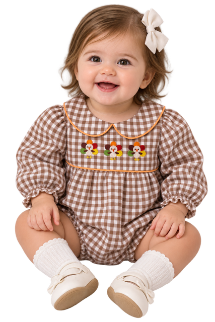 Girls Brown Gingham 3 Turkey Thanksgiving Bubble