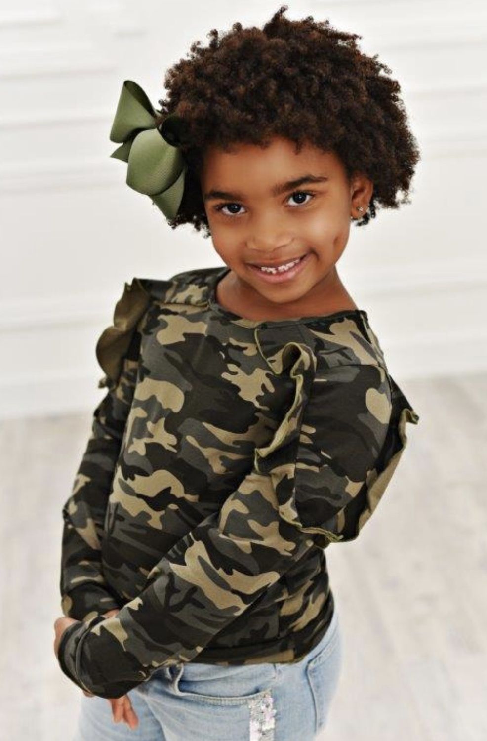 Girls Green Camo Long Sleeve